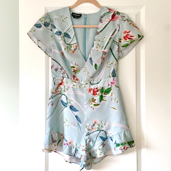 bebe Pants - Bebe Blue & Floral Romper, Size 4/S, Satin Finish